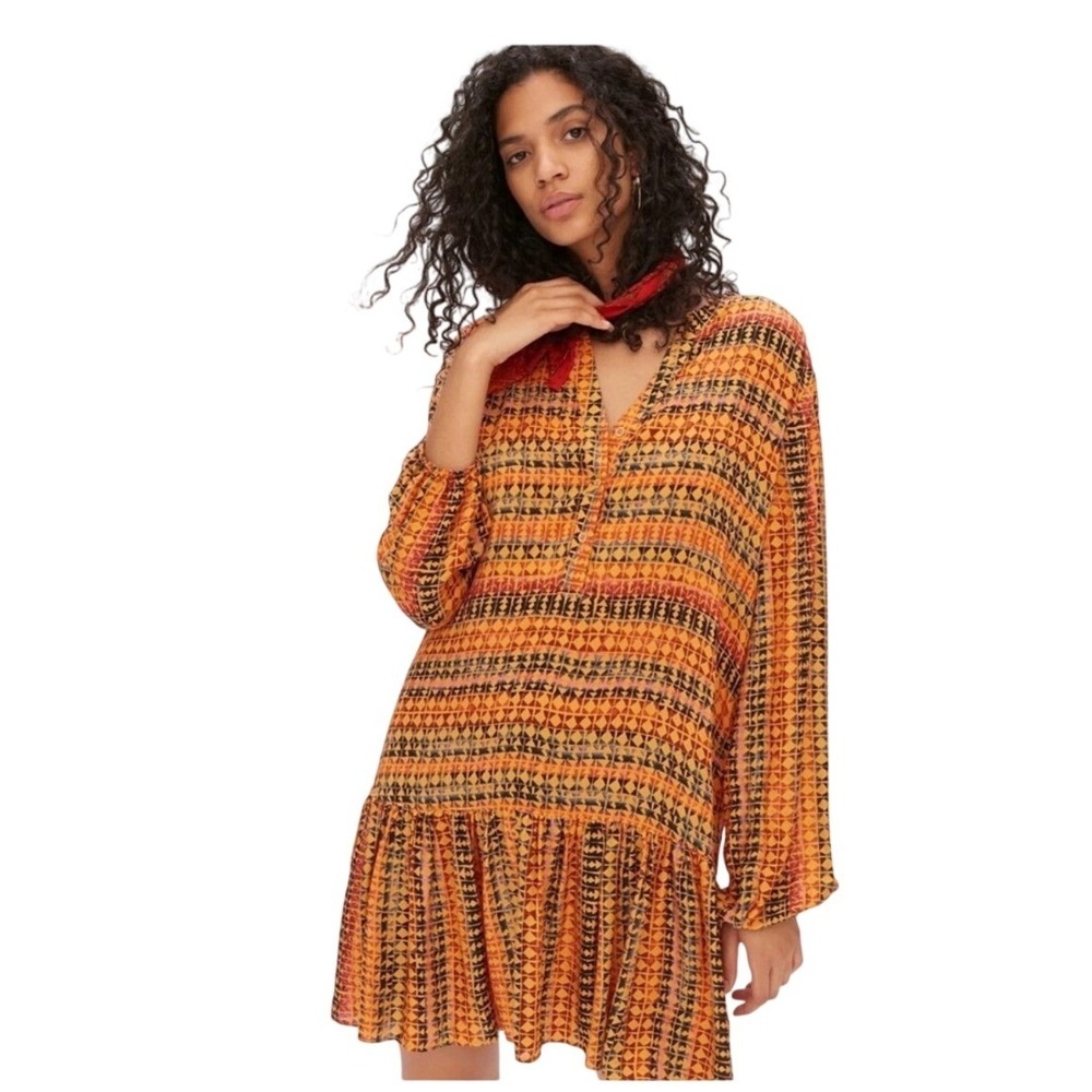 Anthropologie Saturday Sunday Elyn Tunic Dress Orange Geometric Drop Waist Small